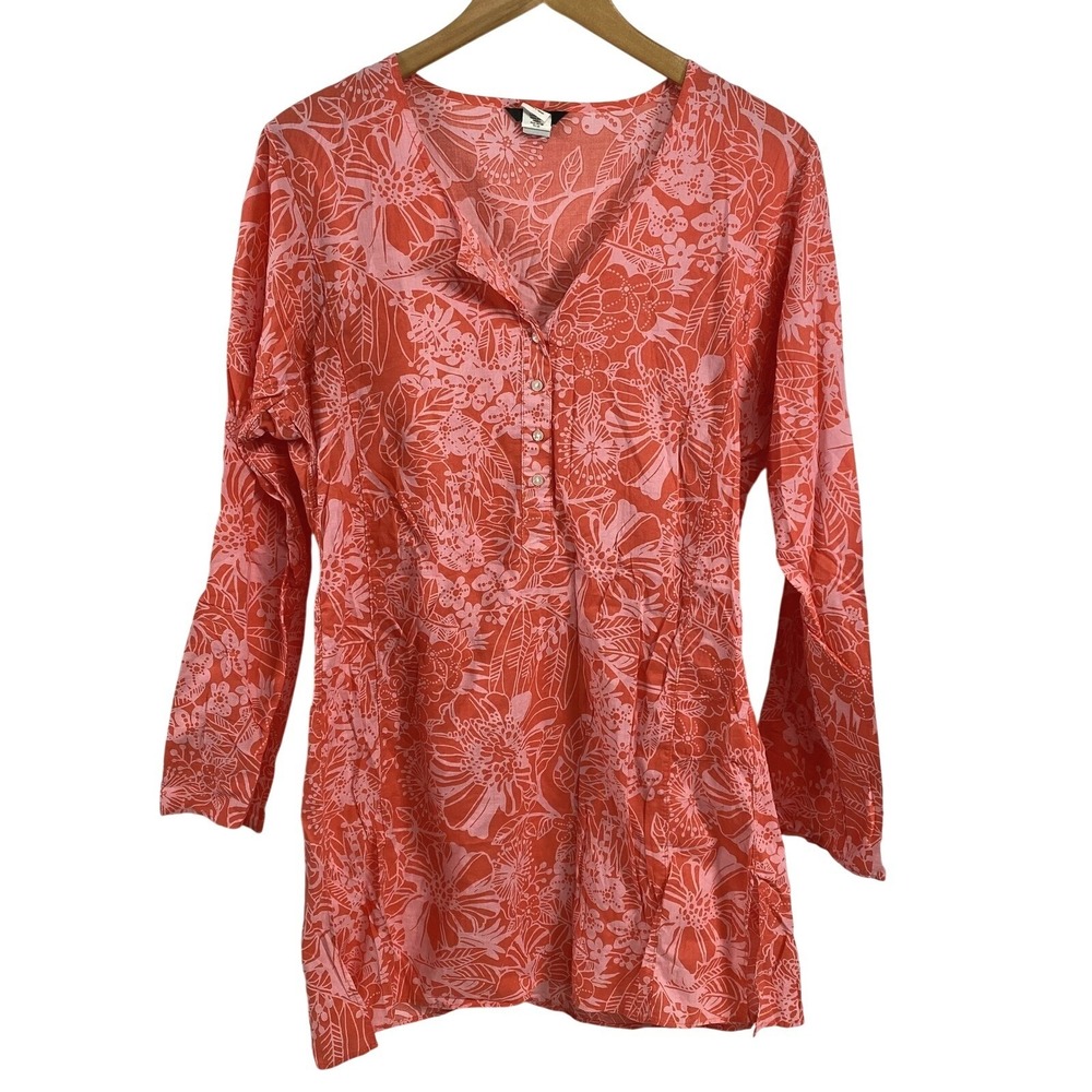 J Crew Shirt Womens Medium Red Pink Floral Tunic Long Sleeve 100% Cotton Top